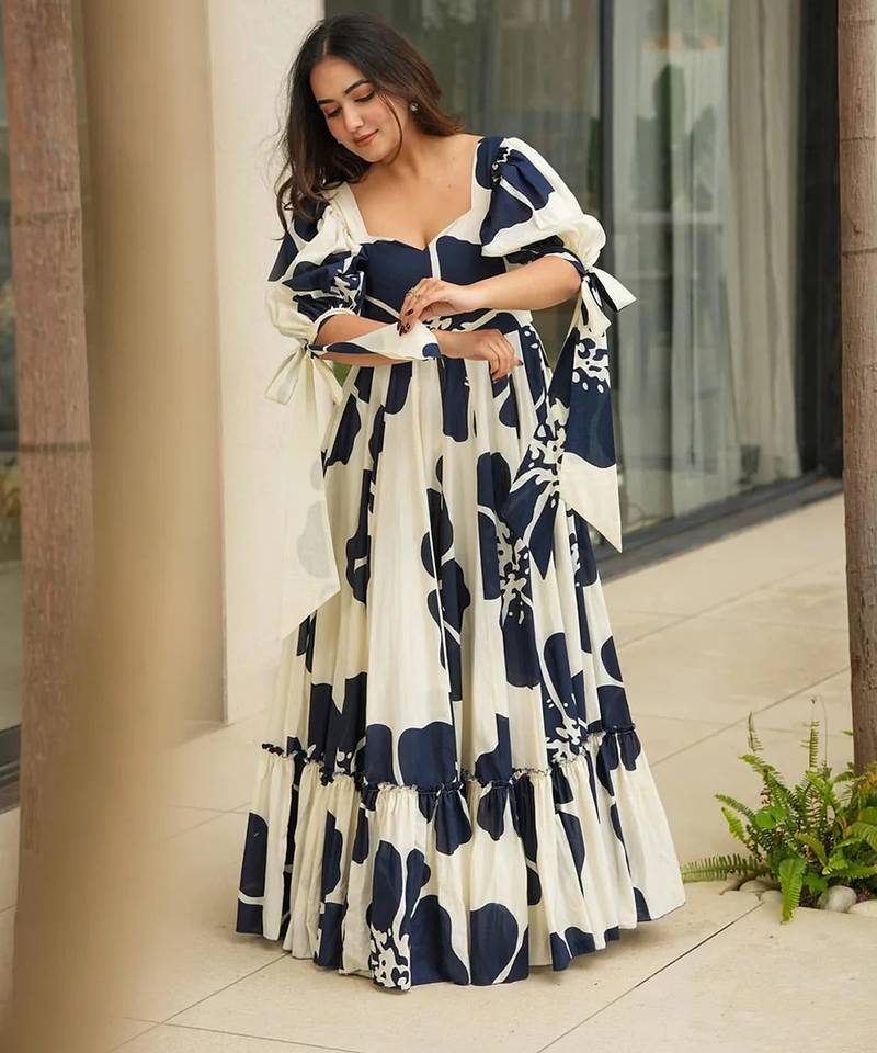 Printed cambric cotton full flaired gown