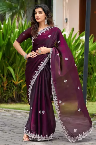 Wine soft shimmer chiffon embroidery work designer party wear festive saree with unstitched blouse piece