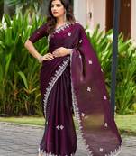 Wine shimmer chiffon embroidery saree with unstitched blouse piece