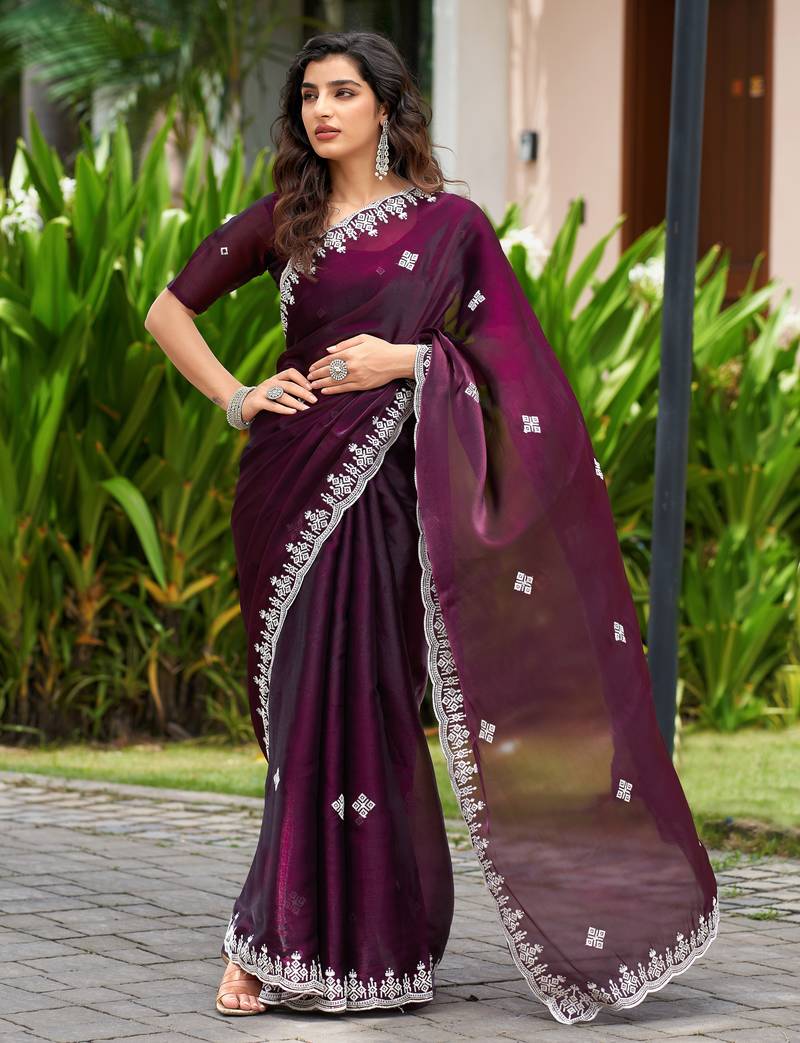 Wine soft shimmer chiffon embroidery work designer party wear festive saree with unstitched blouse piece