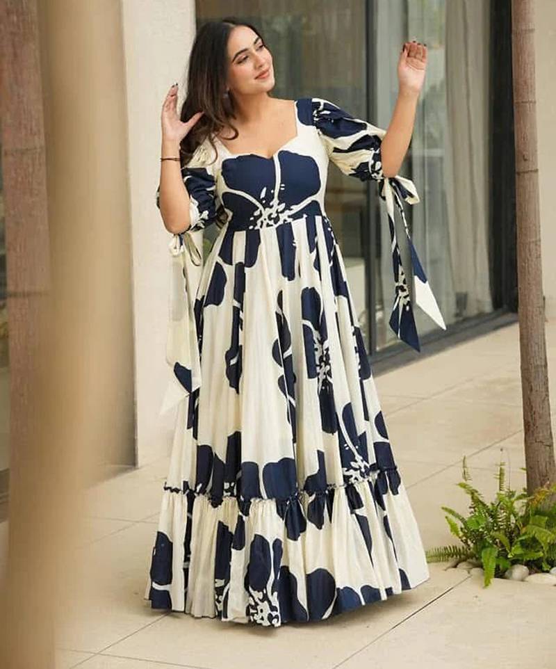 Printed cambric cotton full flaired gown