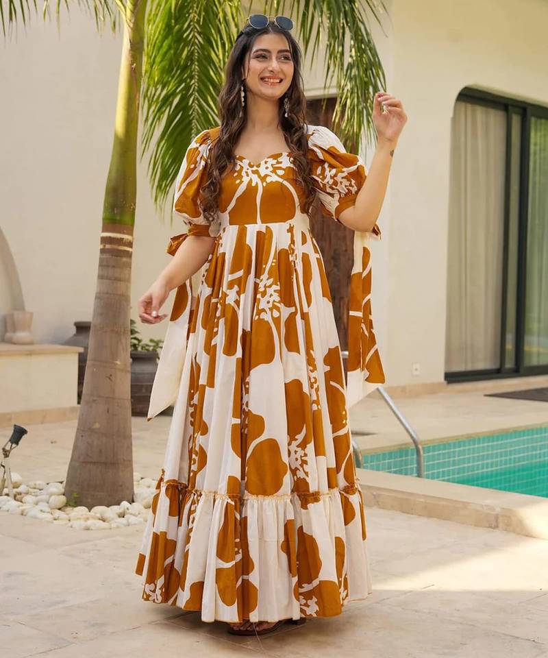Printed cambric cotton full flaired gown