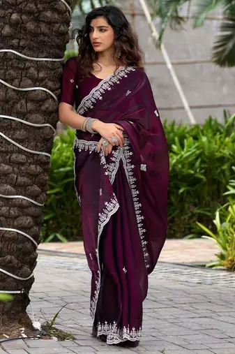 Wine shimmer chiffon embroidery saree with unstitched blouse piece