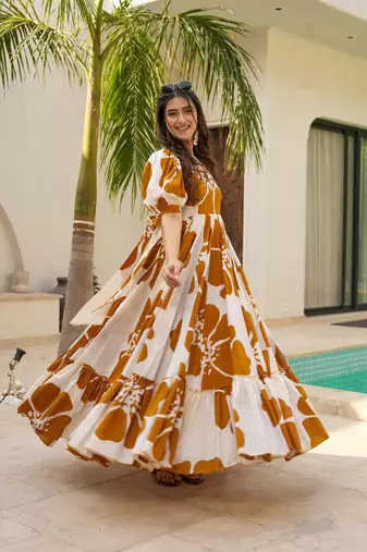 Printed cambric cotton full flaired gown