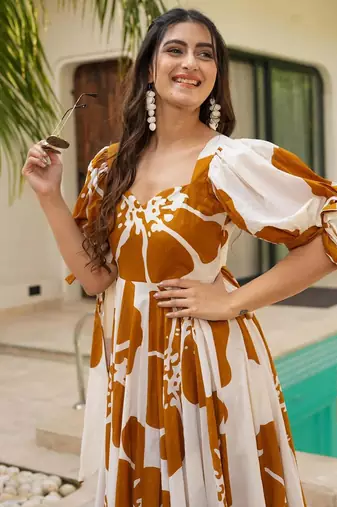 Printed cambric cotton full flaired gown