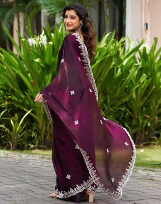 Wine shimmer chiffon embroidery saree with unstitched blouse piece 3