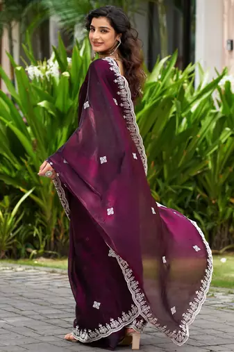 Wine shimmer chiffon embroidery saree with unstitched blouse piece