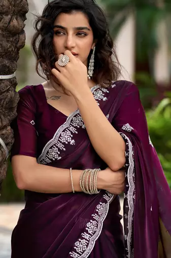 Wine shimmer chiffon embroidery saree with unstitched blouse piece
