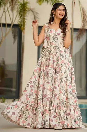 Printed cambric cotton full flaired gown