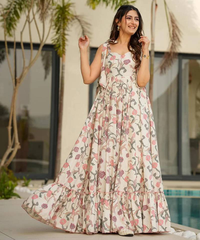 Printed cambric cotton full flaired gown