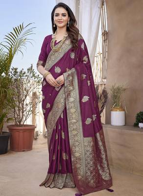 Wine pethani silk with zari weave saree with unstitched blouse piece 1