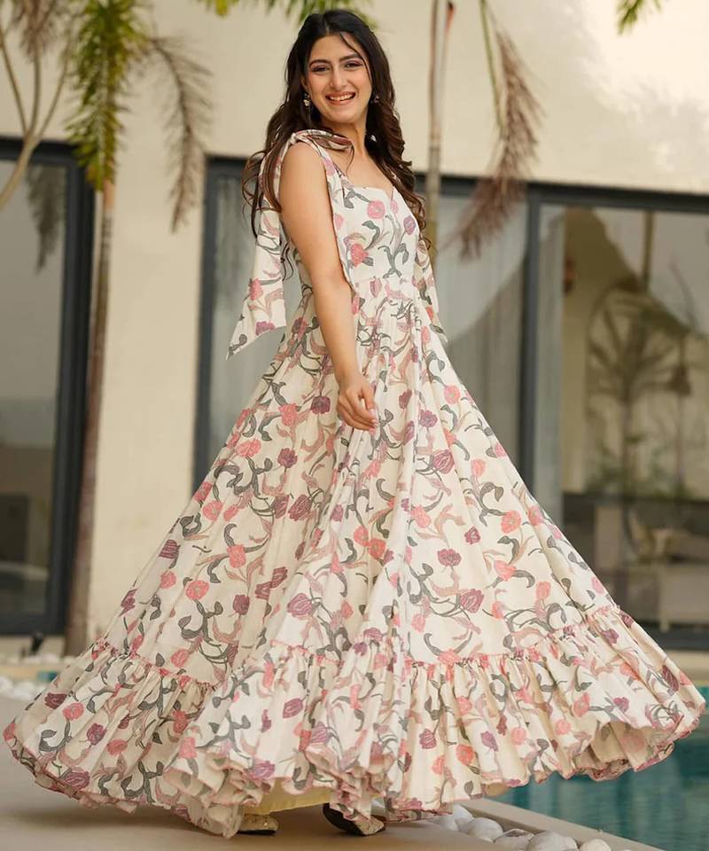 Printed cambric cotton full flaired gown