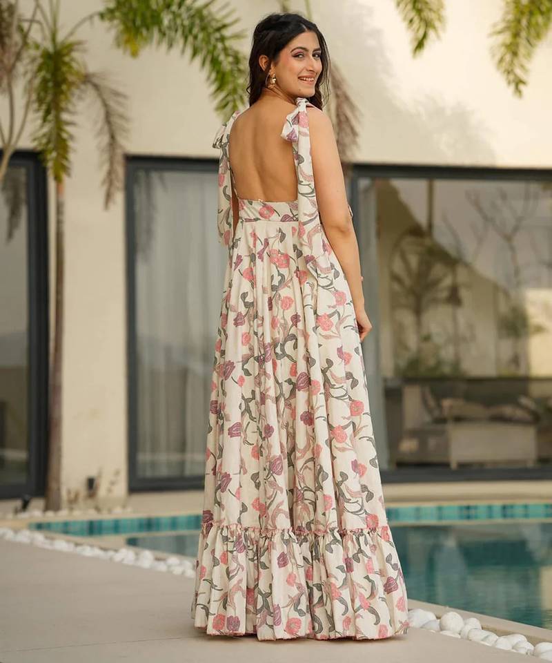 Printed cambric cotton full flaired gown
