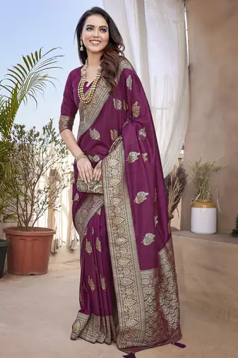 Wine pethani silk with zari weave saree with unstitched blouse piece