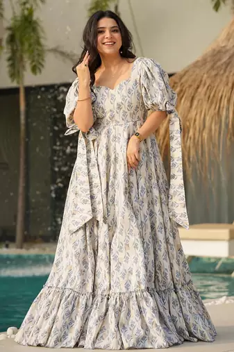 Printed cambric cotton full flaired gown