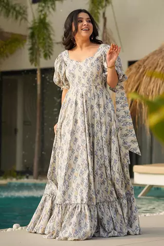 Printed cambric cotton full flaired gown