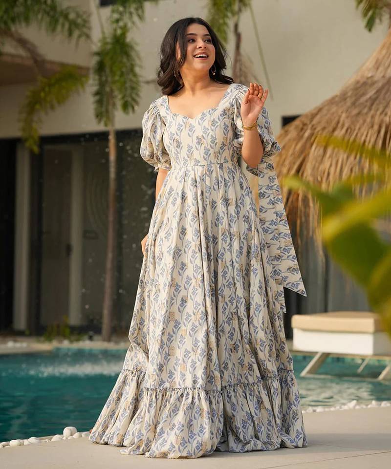 Printed cambric cotton full flaired gown
