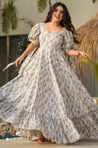 Printed cambric cotton full flaired gown