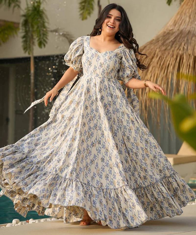 Printed cambric cotton full flaired gown