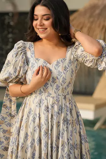 Printed cambric cotton full flaired gown