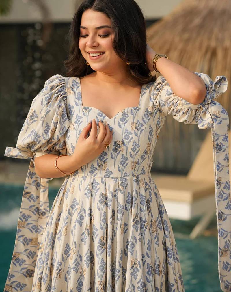 Printed cambric cotton full flaired gown