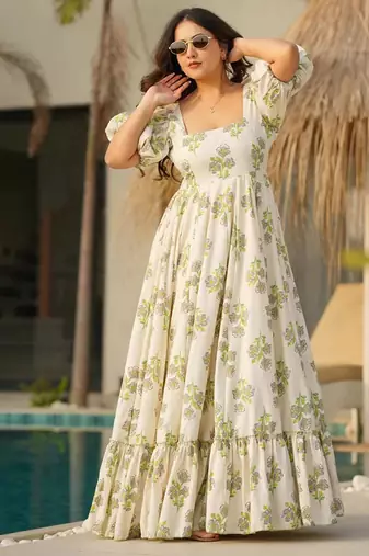 Printed cambric cotton full flaired gown