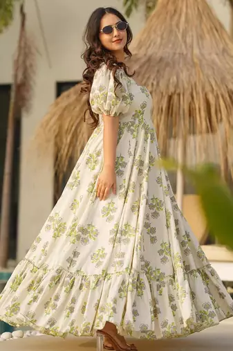 Printed cambric cotton full flaired gown