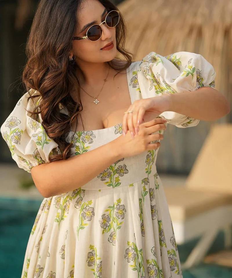 Printed cambric cotton full flaired gown