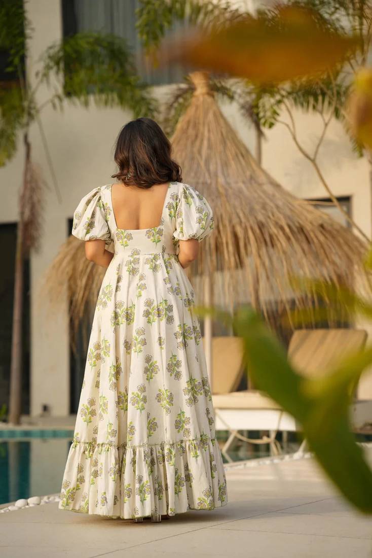 Printed cambric cotton full flaired gown
