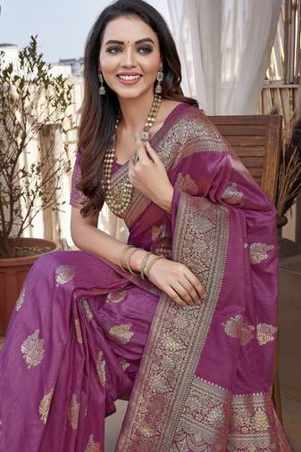 Purple soft  silk blend with zari weave work designer party wear festive saree with unstitched blouse piece