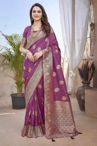 Purple silk blend with zari weave saree with unstitched blouse piece