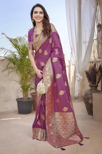 Purple silk blend with zari weave saree with unstitched blouse piece