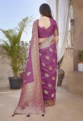 Purple silk blend with zari weave saree with unstitched blouse piece 4