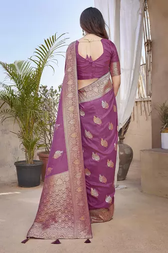 Purple silk blend with zari weave saree with unstitched blouse piece