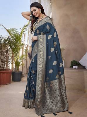 Morpich silk blend with zari weave saree with unstitched blouse piece 3