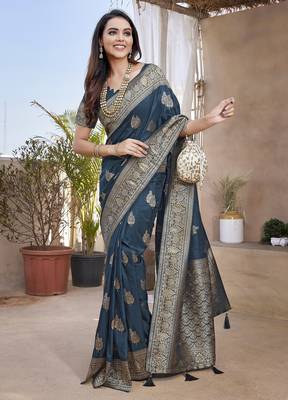 Morpich silk blend with zari weave saree with unstitched blouse piece 4