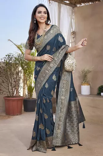 Morpich silk blend with zari weave saree with unstitched blouse piece