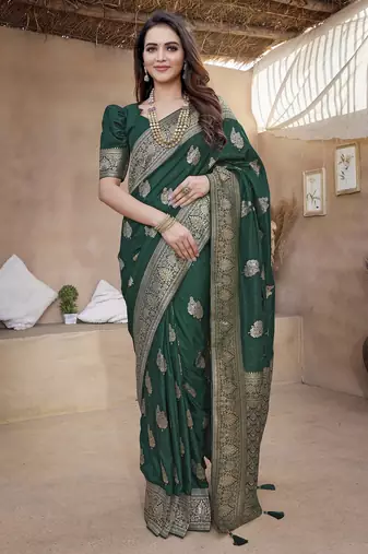 Green silk blend with zari weave saree with unstitched blouse piece