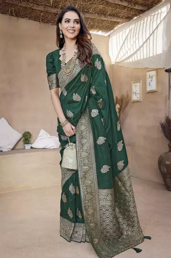 Green silk blend with zari weave saree with unstitched blouse piece