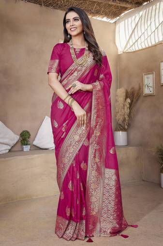 Rani pink soft  silk blend with zari weave work designer party wear festive saree with unstitched blouse piece
