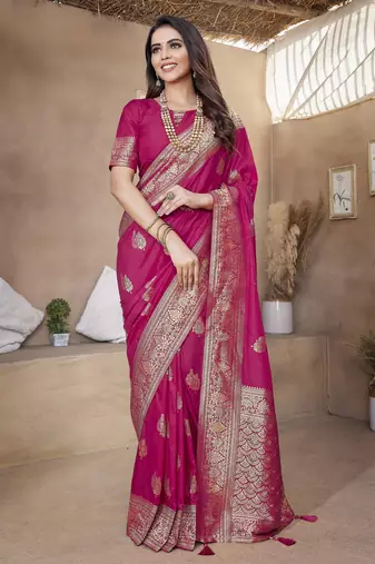 Rani pink soft  silk blend with zari weave work designer party wear festive saree with unstitched blouse piece