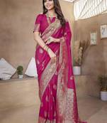 Rani pink silk blend with zari weave saree with unstitched blouse piece