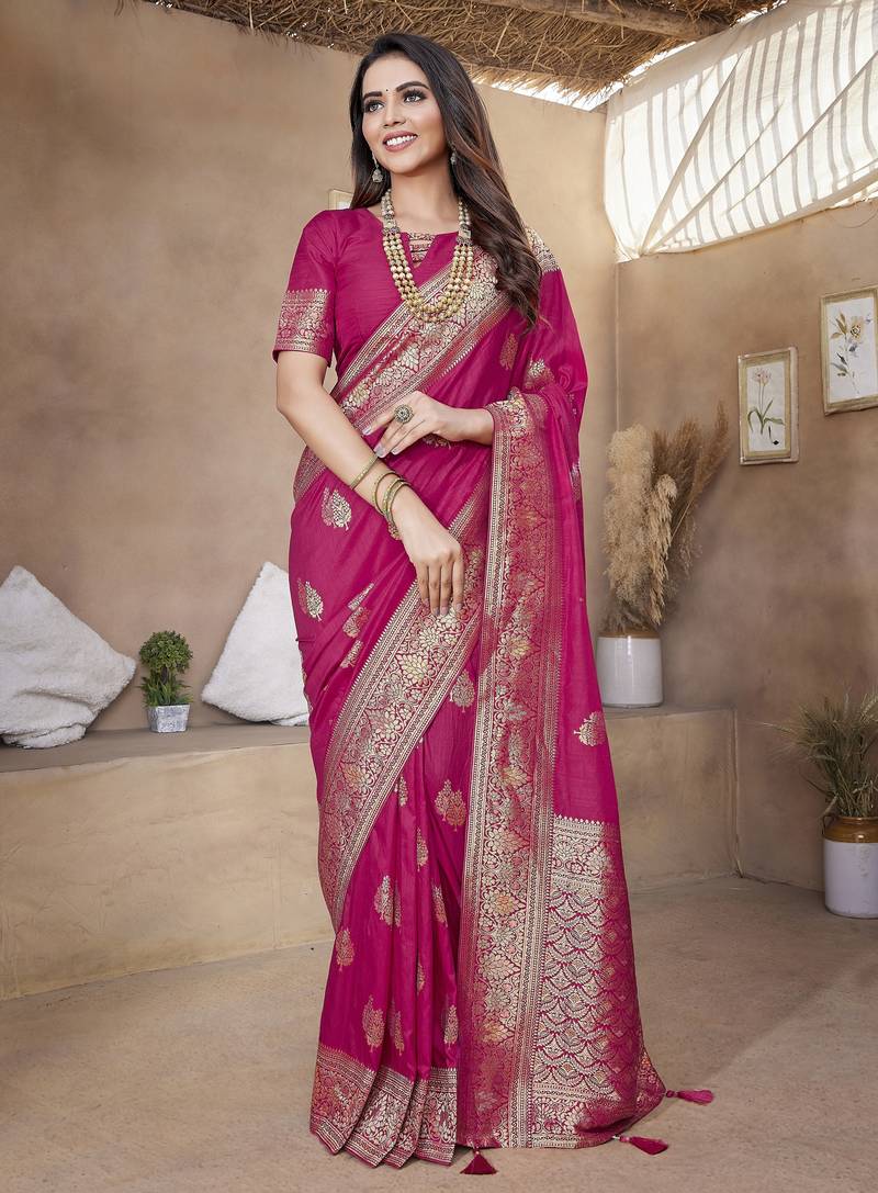 Rani pink soft  silk blend with zari weave work designer party wear festive saree with unstitched blouse piece