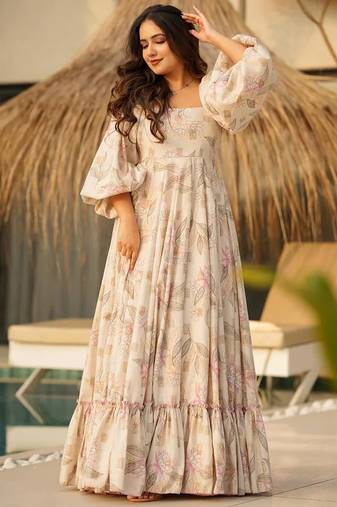 Printed cambric cotton full flaired gown