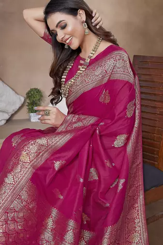 Rani pink silk blend with zari weave saree with unstitched blouse piece