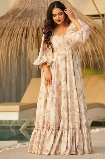 Printed cambric cotton full flaired gown