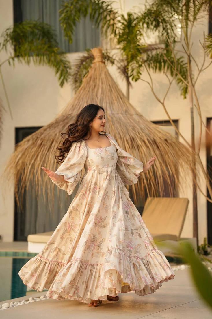 Printed cambric cotton full flaired gown