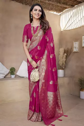 Rani pink silk blend with zari weave saree with unstitched blouse piece