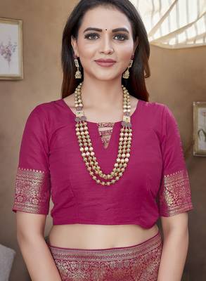 Rani pink silk blend with zari weave saree with unstitched blouse piece 5