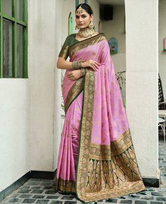 Pink green silk blend with woven saree with unstitched blouse piece 1